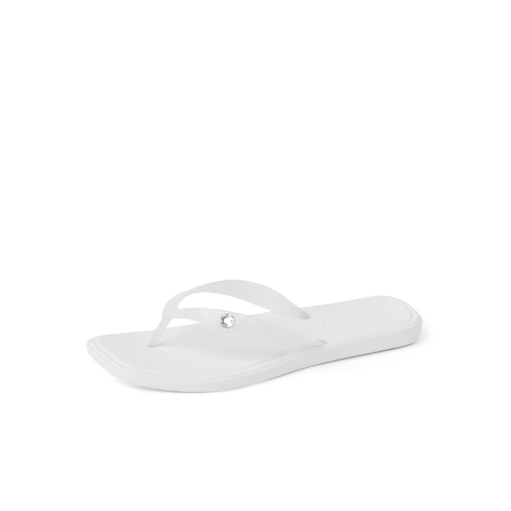 Solaye white women's flip flop facing left, featuring soft-rebound cushioning and anatomical arch support.