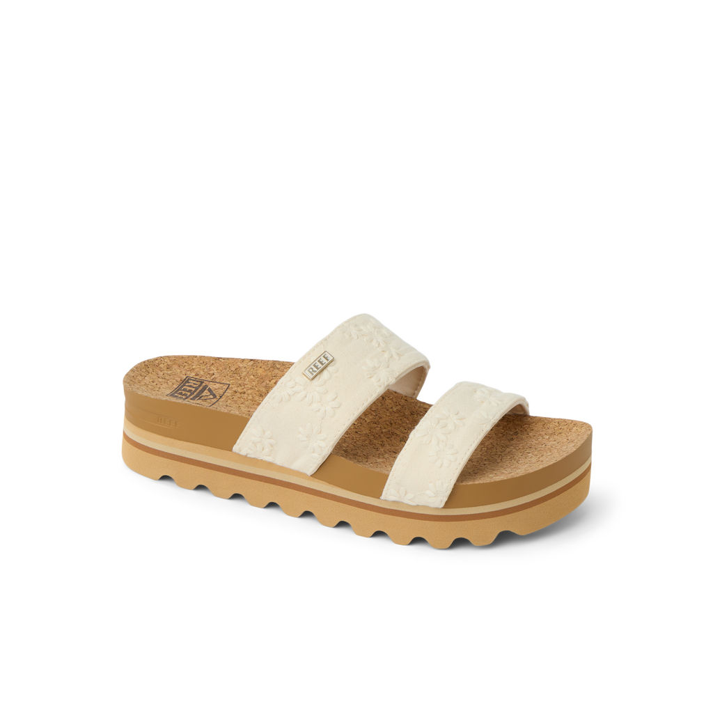 Cushion Vista Hi sandal facing left, showing dual upper straps with floral pattern and cushioned footbed for comfort.