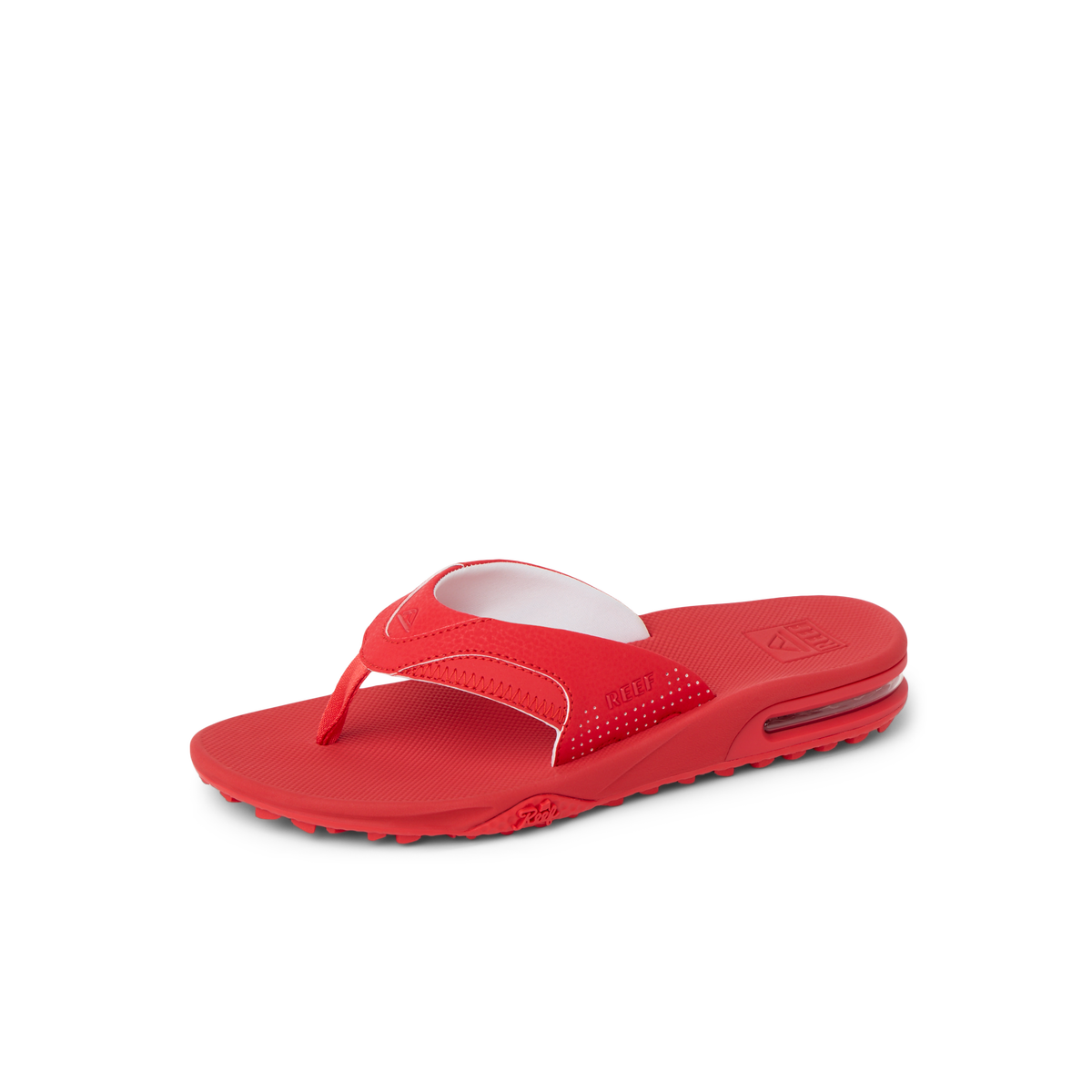 Fanning Pregame men's red flip flop facing right, showing side and top with cushioned footbed and arch support.
