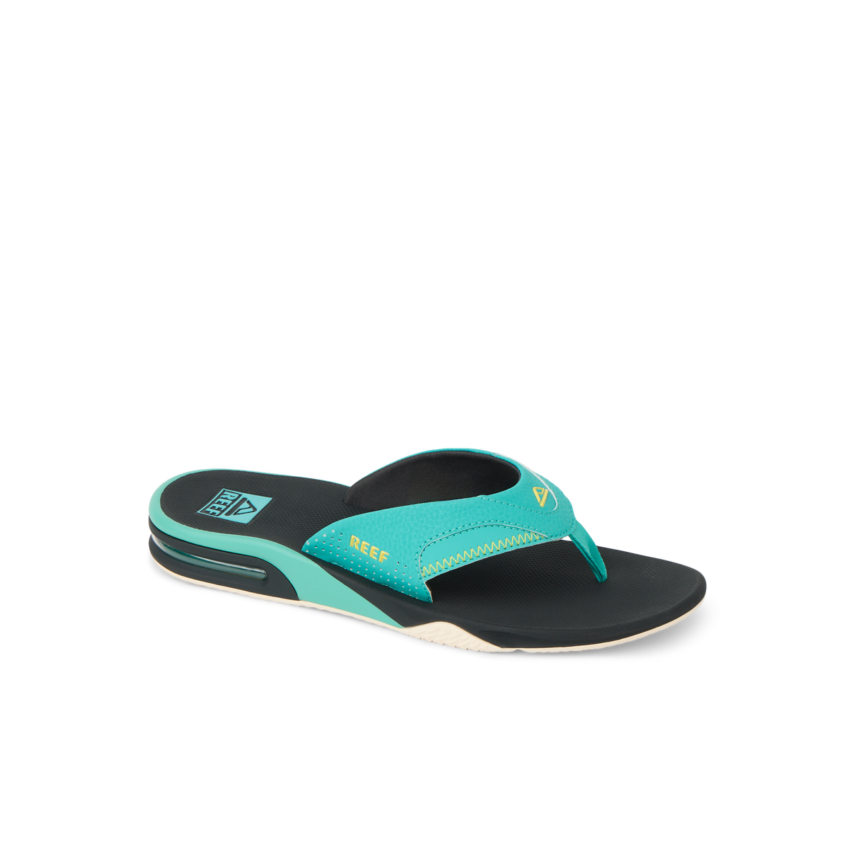 Fanning men's teal flip flop sandal facing right, showing soft-rebound cushioning and arch support for beach comfort