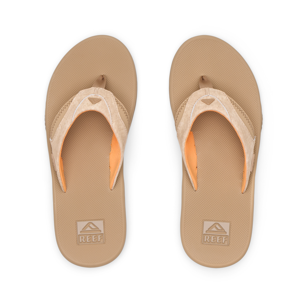Fanning tan men's flip flops top view, showing cushioned footbed with arch support and soft water-friendly straps.