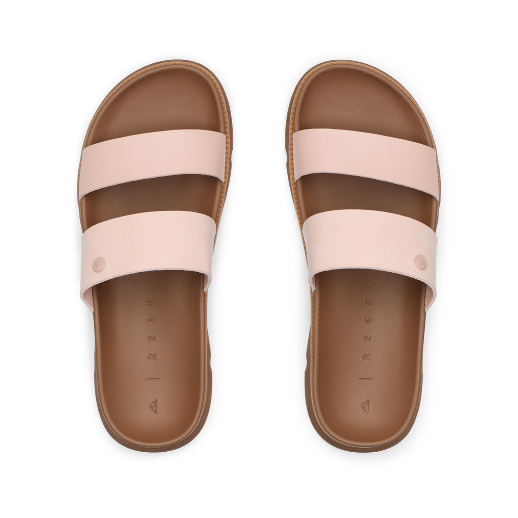 Vista Luxe Thea women's sandals, top view facing upward, blush pink straps with soft cushioning for beach comfort.