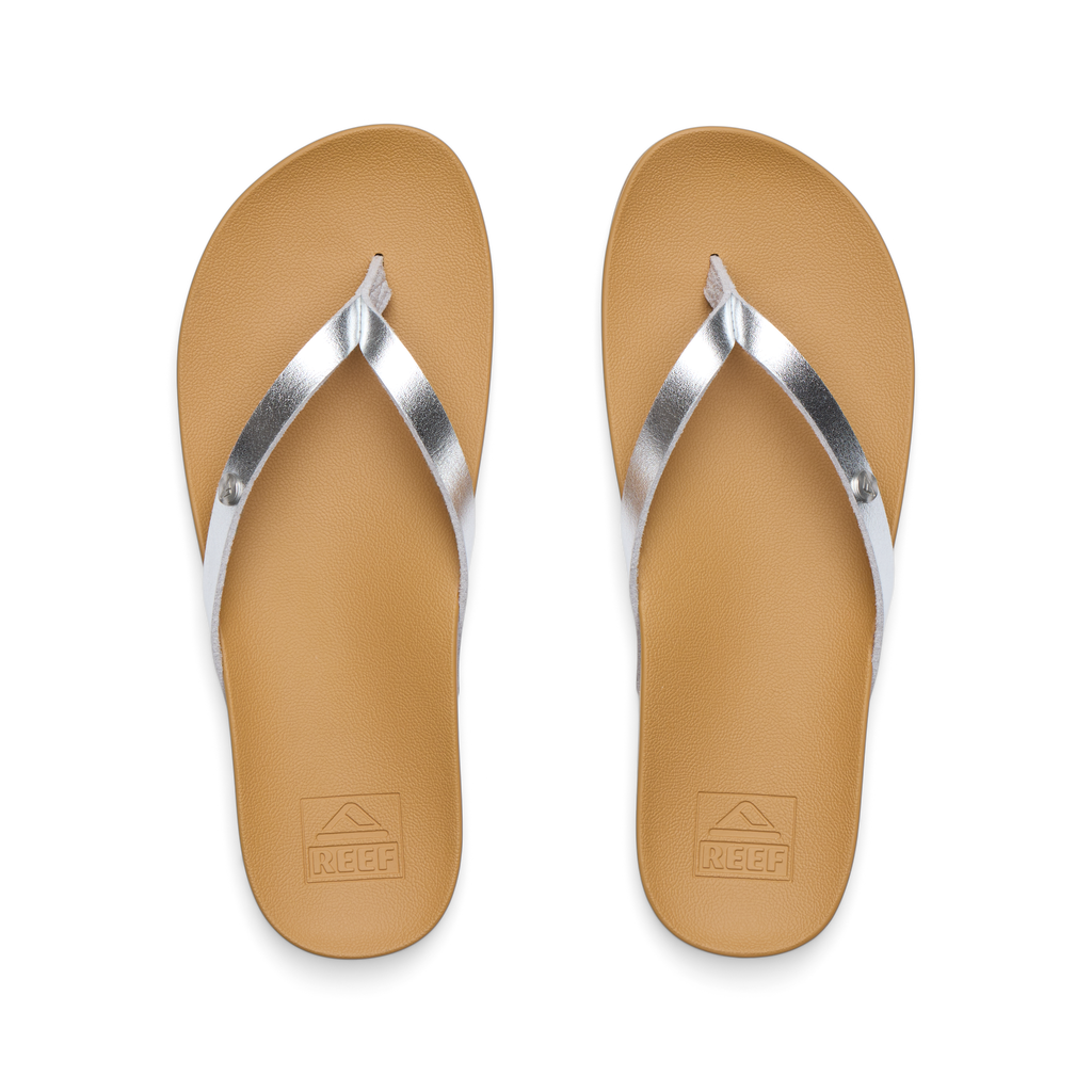 Vista Ivy women's sandals top view with silver metallic straps and tan cushioned footbeds for beach comfort