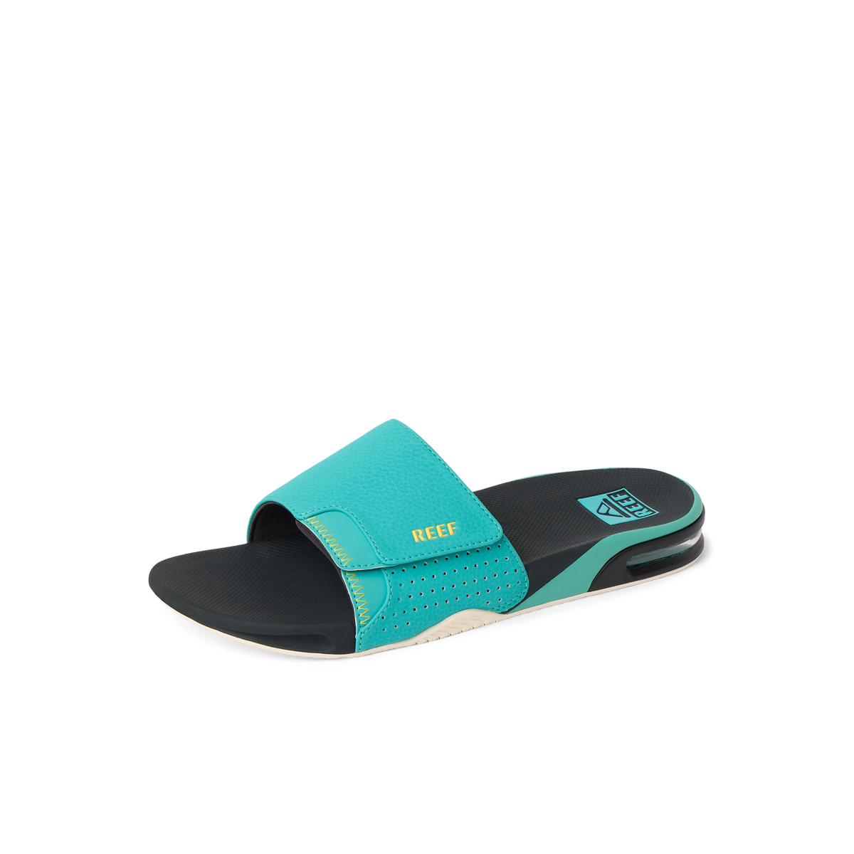 Fanning Slide right-facing men's slide sandal in teal with anatomical arch support and soft cushioning, beach-inspired comfort.