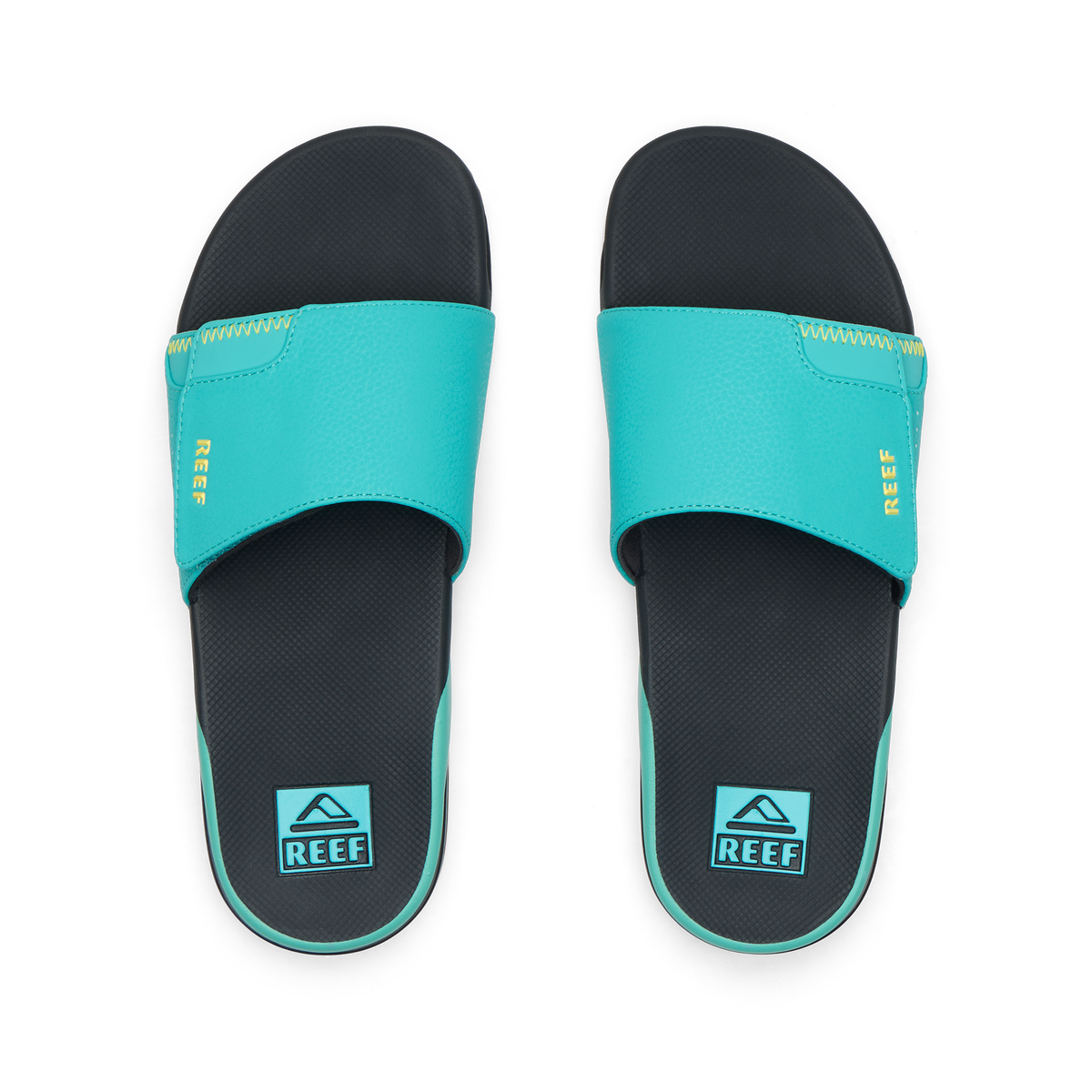 Top view of teal and black men's Fanning Slide with anatomical arch support and soft cushioning for all-day comfort.