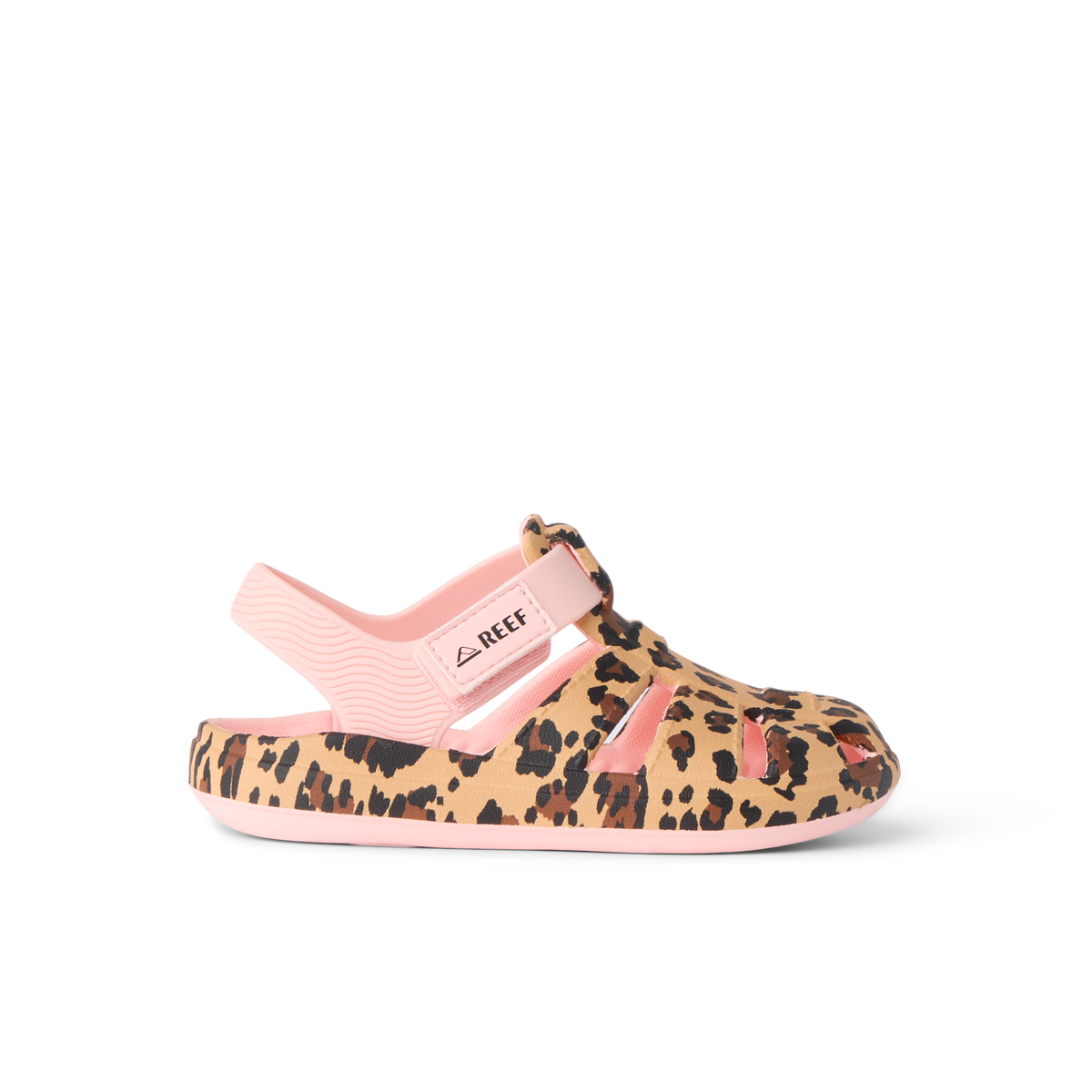 Side view of G Totally Beachin sandal for kids in cheetah print with adjustable velcro strap and cushioned footbed, water-friendly design.