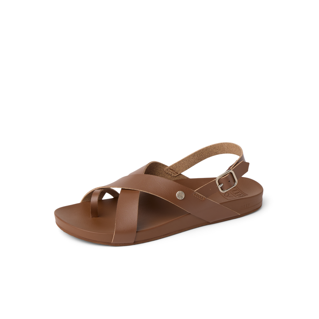 Vista Malia brown sandal for women facing right, close-up on front and side showing comfort design and arch support