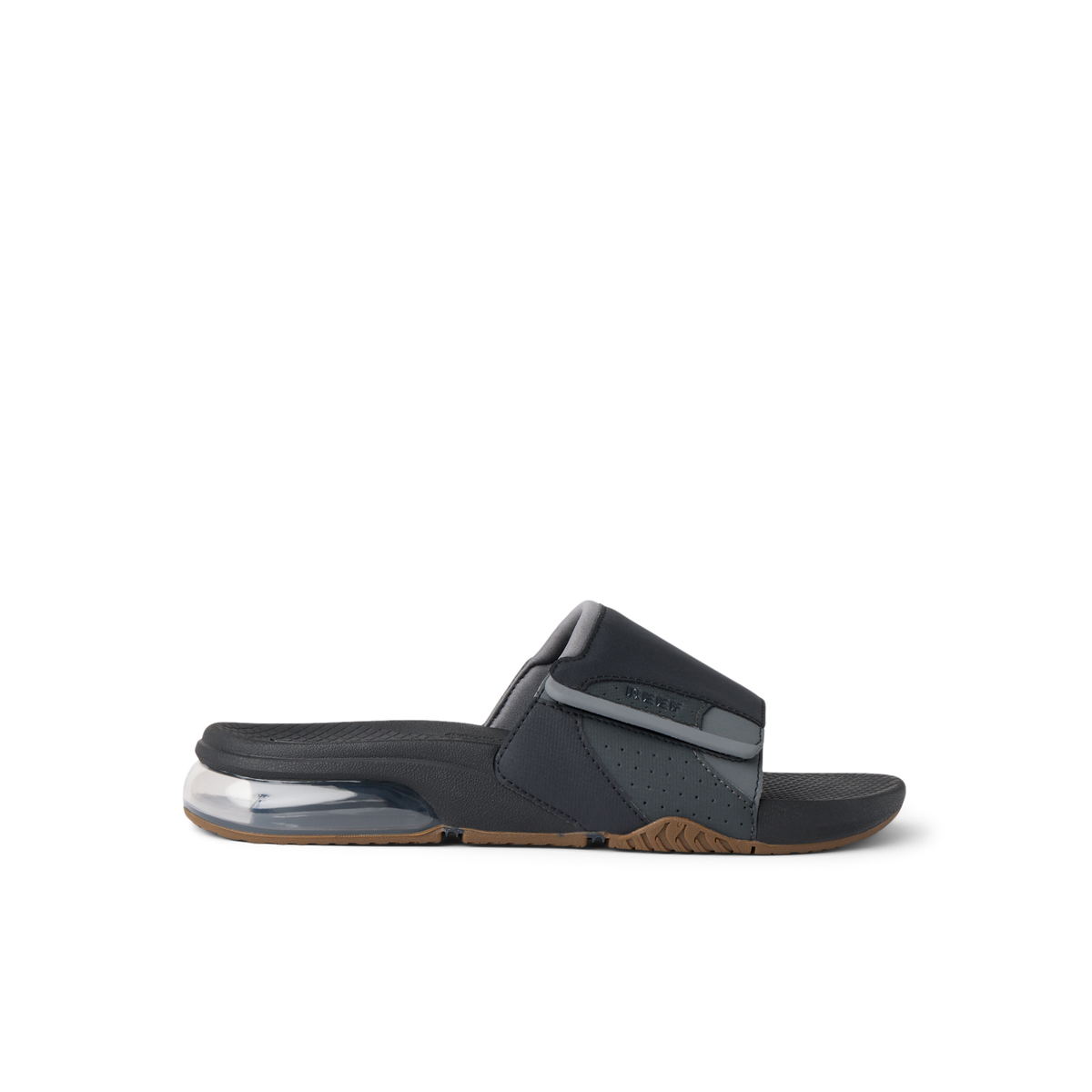Fanning + Slide facing right, black and grey men's water-friendly slide with oversized airbag heel and extra cushioning