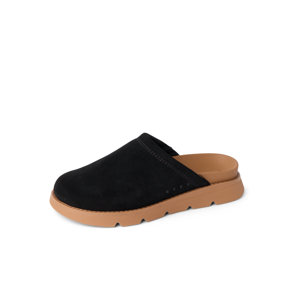 Vista Luxe Mariana womens clog facing right, black upper with tan sole, soft cushioning and arch support visible