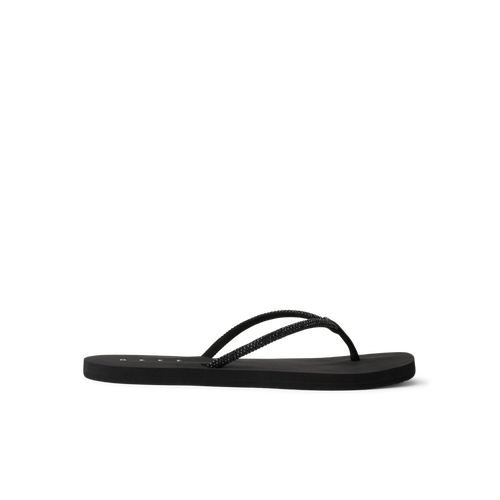 Bliss Bling Fling women's black water-friendly flip flop facing left, showing side profile with cushioned sole and arch support.