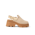 Vista Luxe Solene facing right, close-up of platform clog with suede upper, buckle strap, and structured support heel.