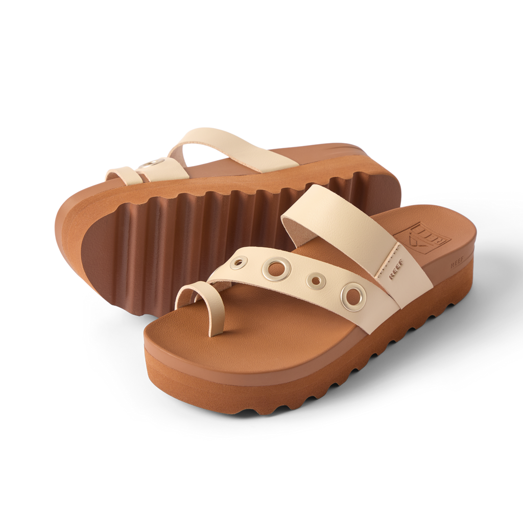 Vista Hi Layla women's sandals showing top and side view, beige straps, cushioned platform, facing right with textured sole visible