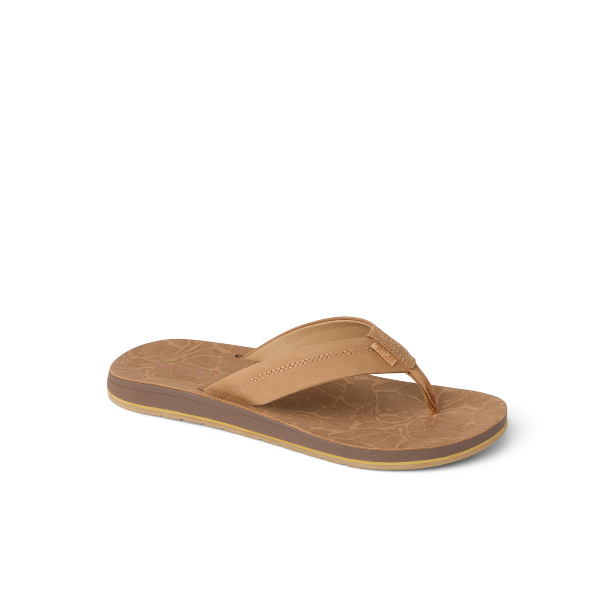 Free Fly X Ojai men's tan leather sandal facing right with cushioned footbed and water-friendly sole for beach comfort