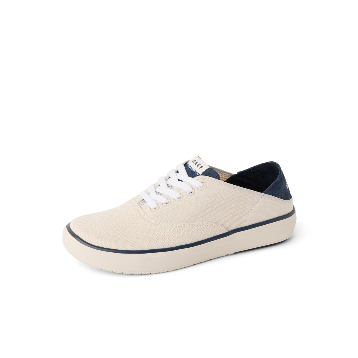 Neptune Lido men's sneaker facing left, featuring tan and navy colors, cushioned sole, anatomical arch support, beach-inspired comfort.