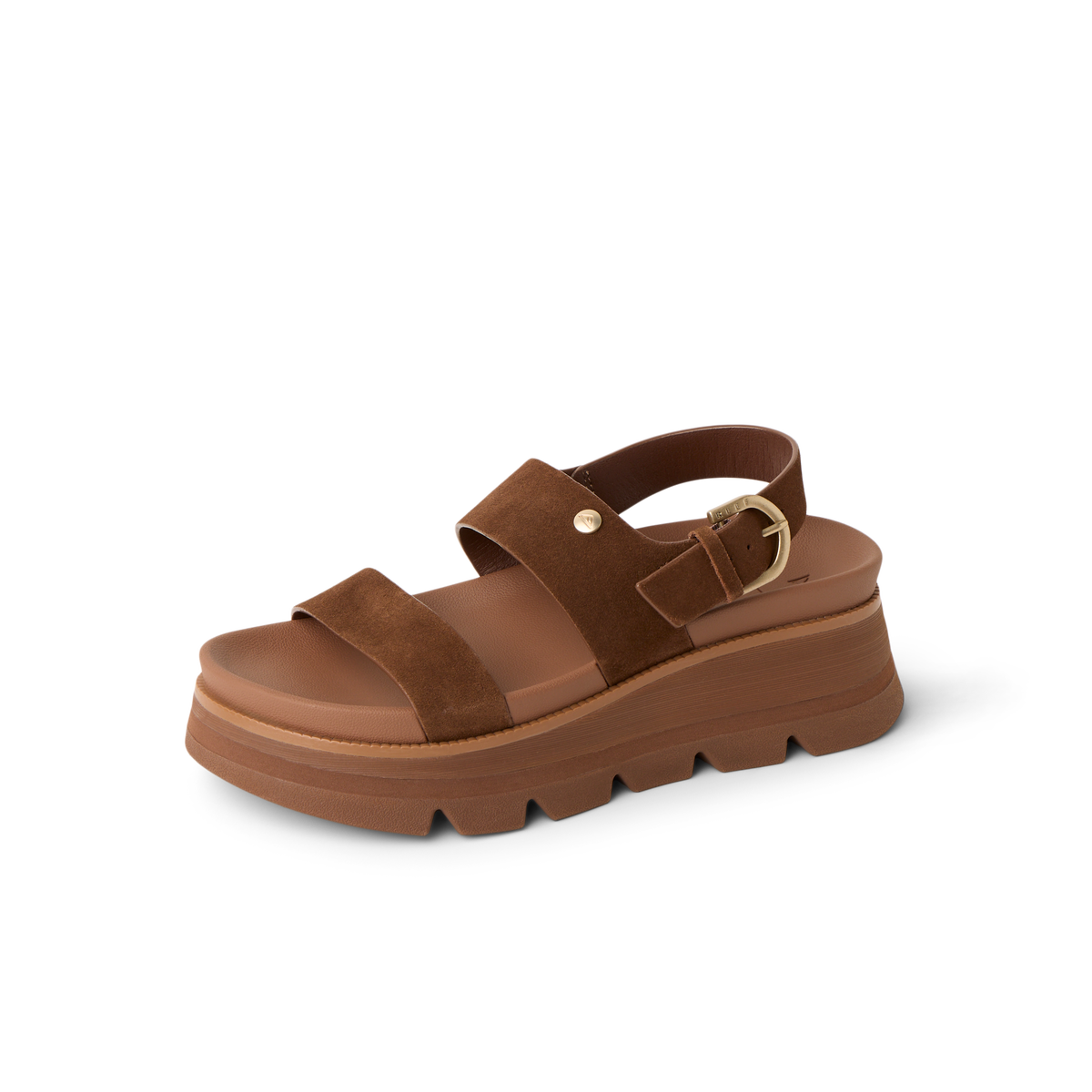Vista Luxe Liah facing right, women's brown suede platform sandal with adjustable back strap and cushioned arch support for comfort