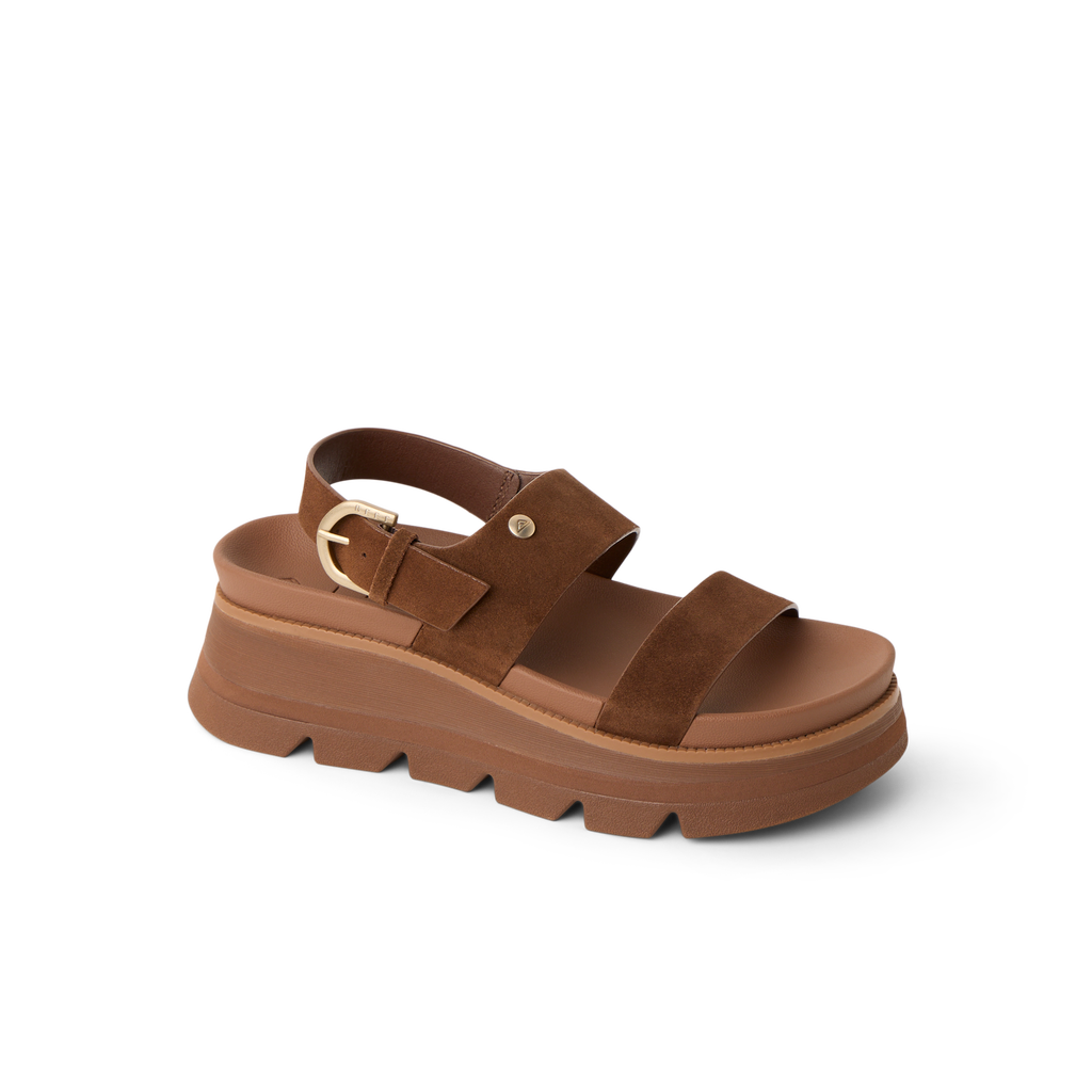 Vista Luxe Liah facing left, women's brown suede platform sandal with adjustable back strap and cushioned arch support for comfort
