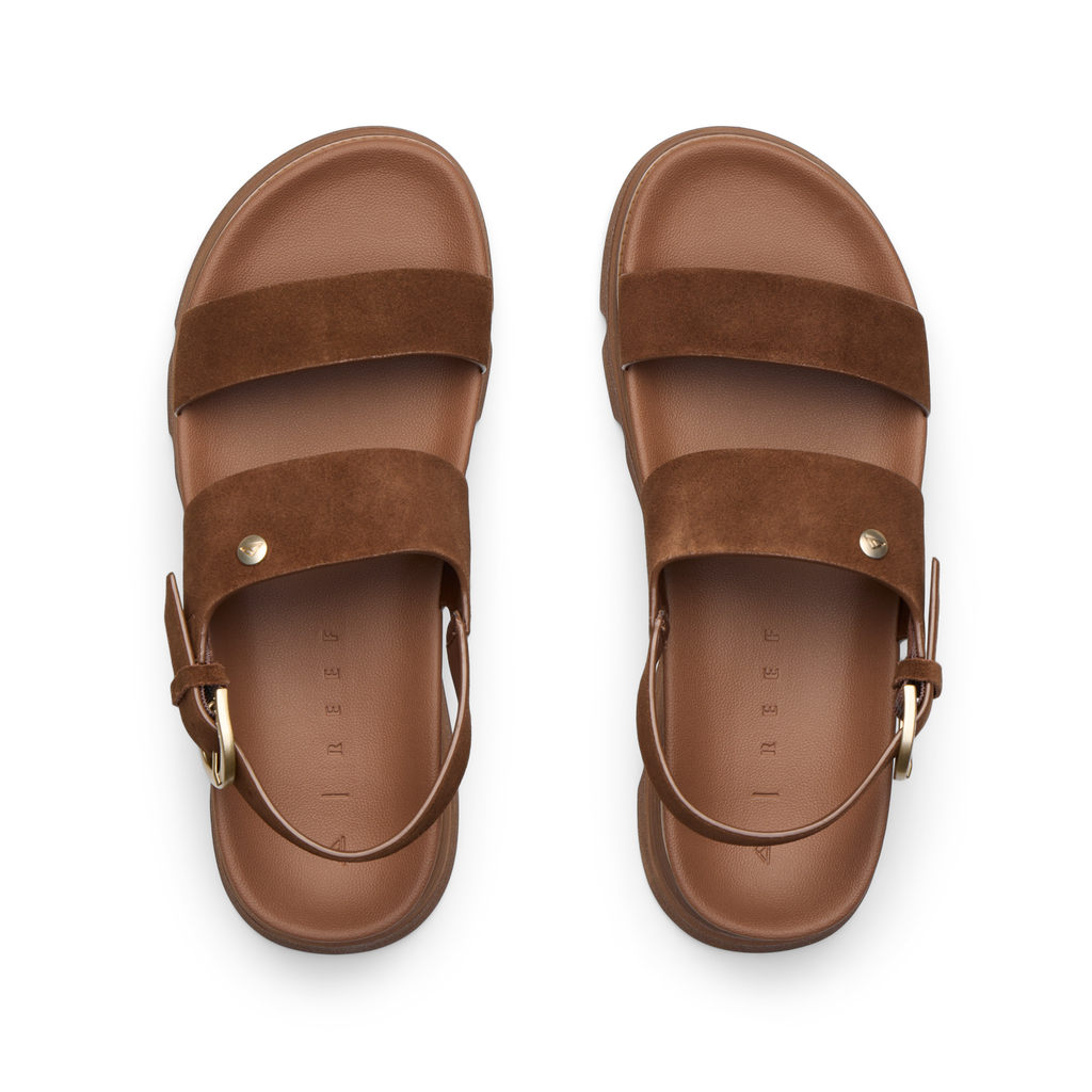 Vista Luxe Liah top view, women's brown suede platform sandals with adjustable back strap and anatomically cushioned footbed for comfort