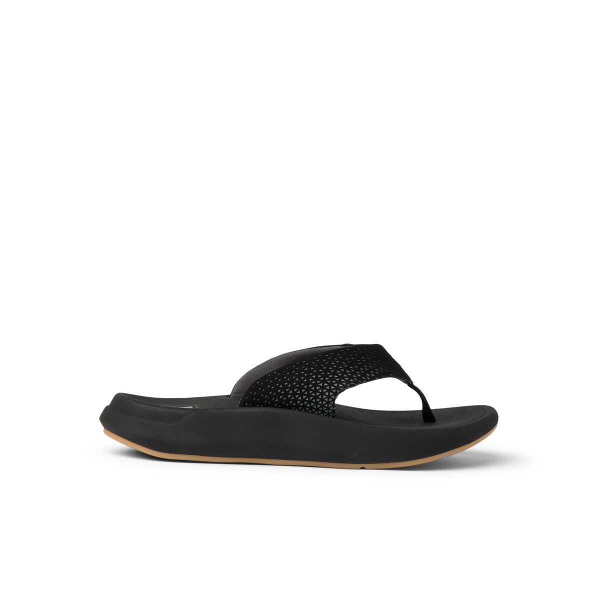 Rover + right-facing sandal with black perforated straps, cushioned footbed, and durable outsole for beach comfort.