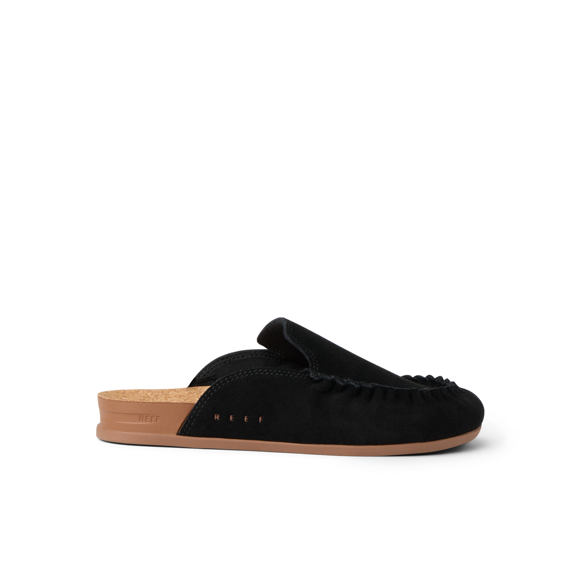 Vista Myra facing right, women's black suede clog with slip-on design, anatomical arch support, and soft cork footbed comfort.