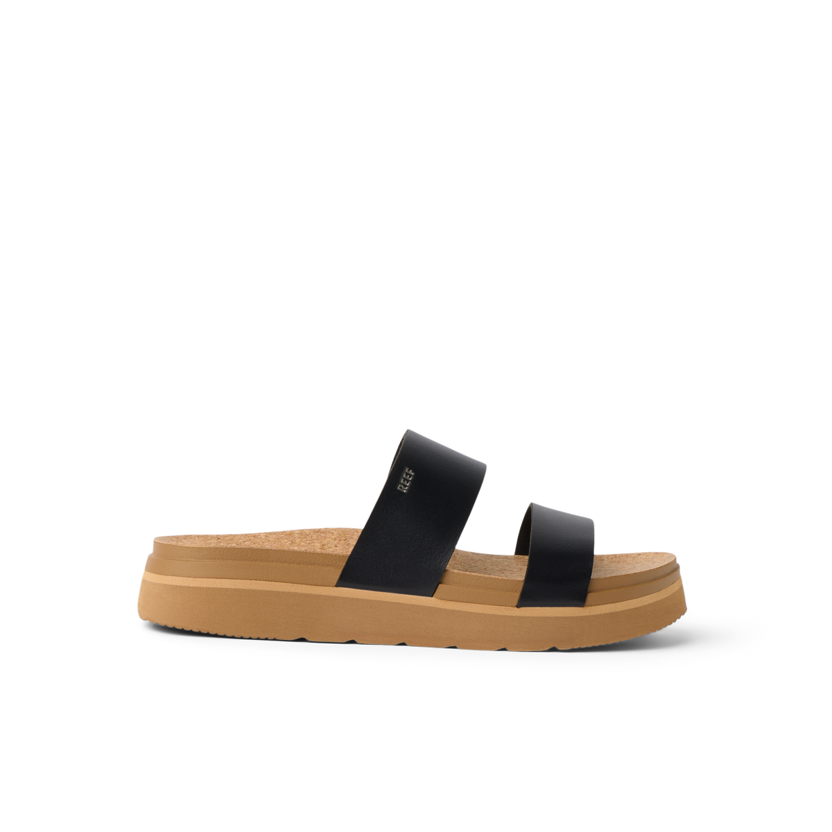 Vista Hi 2 sandal facing right with black vegan straps, cushioned platform, anatomical arch support, and lightweight comfort design