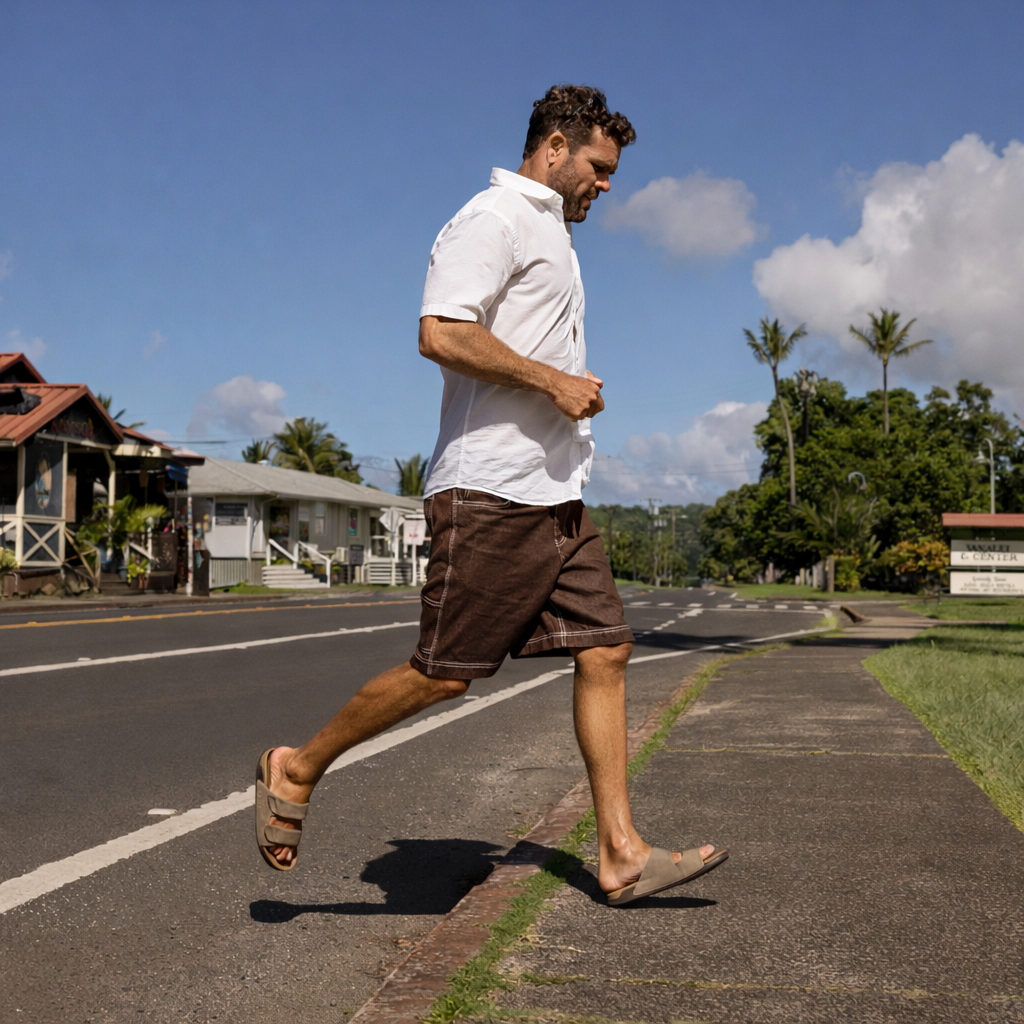 Man wearing Phantom Tradewind sandals facing right, walking outdoors on sidewalk near road with houses and palm trees.