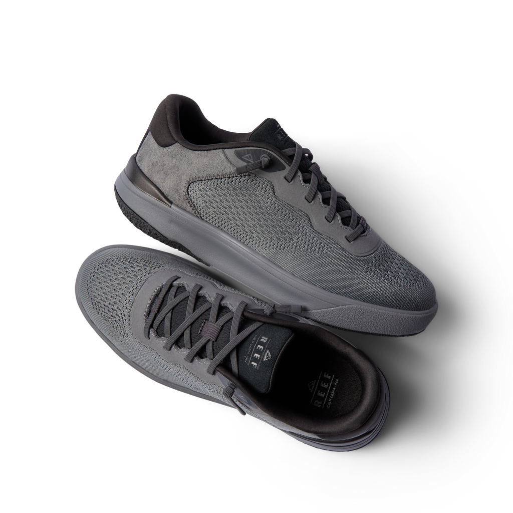 Pair of Shoreline Del Mar men's grey sneakers with knitted uppers shown from side and top angles, highlighting comfort design.