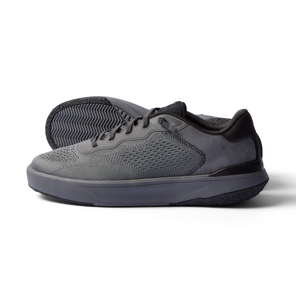 Side view of Shoreline Del Mar men's grey sneaker facing left, featuring breathable mesh and REEF comfort technology.