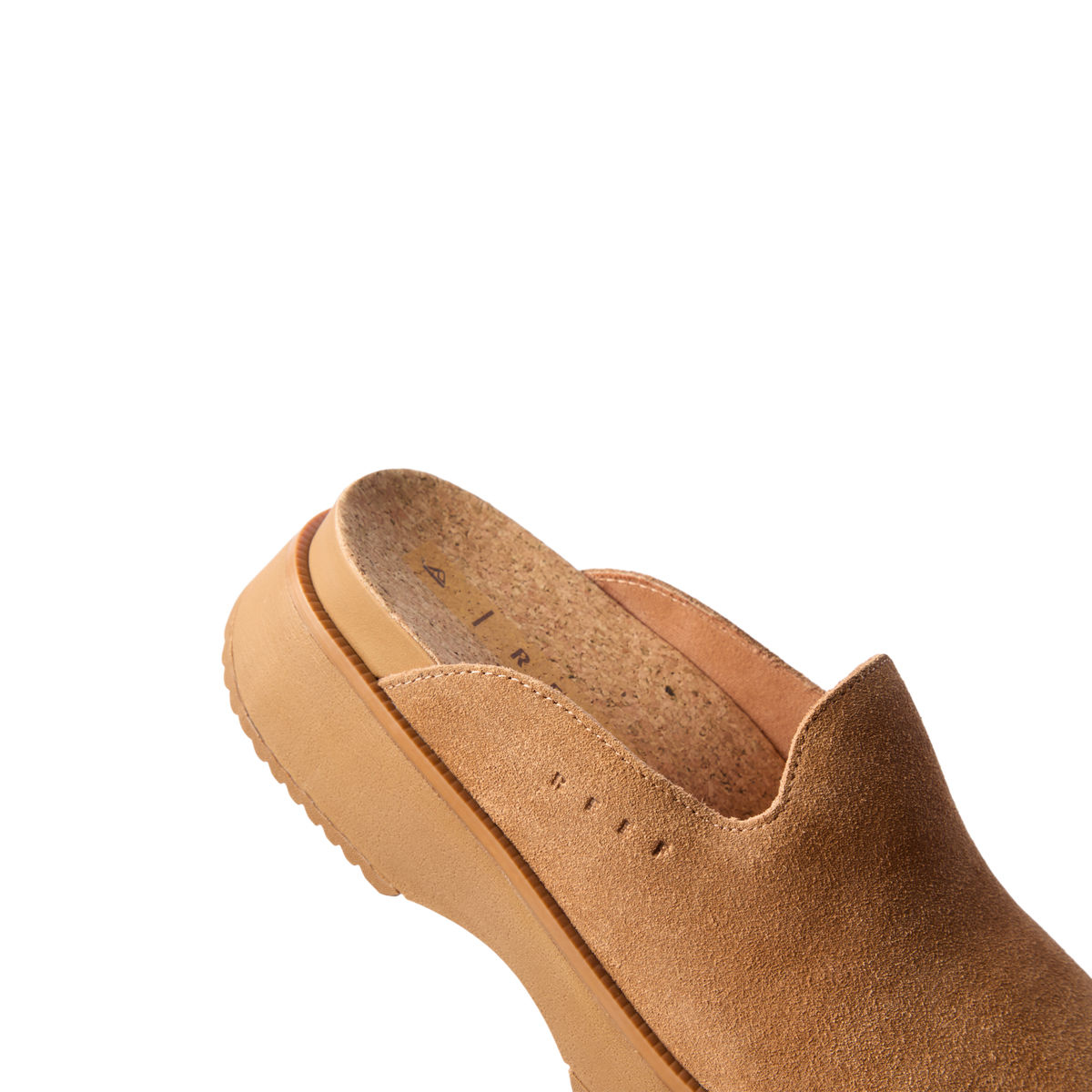 Close-up of the front and side of Vista Skye tan suede clog facing left with enhanced arch support and soft cushioning.