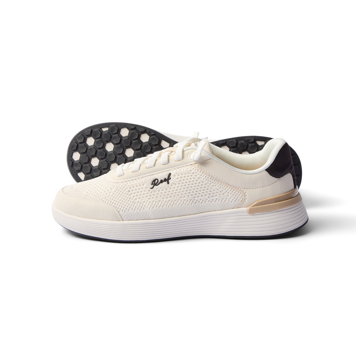 Side view of Shoreline Palisades sneaker in white with black heel, showing sole pattern and arch support design