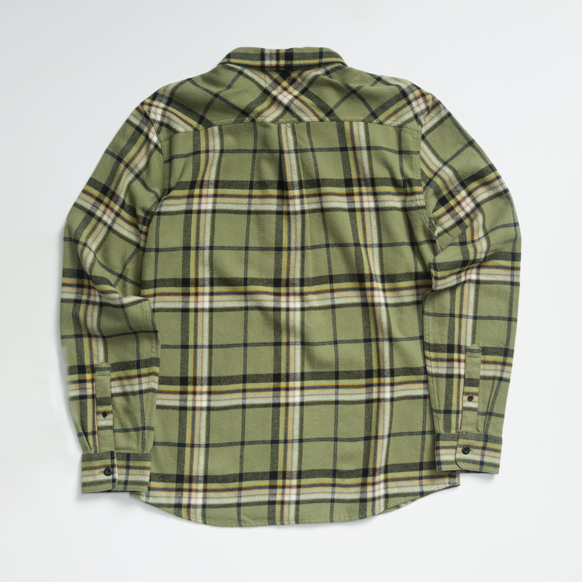 Dyson Flannel Shirt in olive plaid pattern, showing back view with comfort-focused, durable fabric for active beach lifestyles.