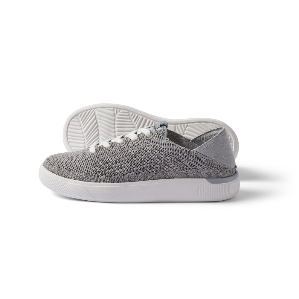 Kids Neptune grey knit sneaker for kids facing right with cushioned sole and breathable upper, designed for beach comfort.