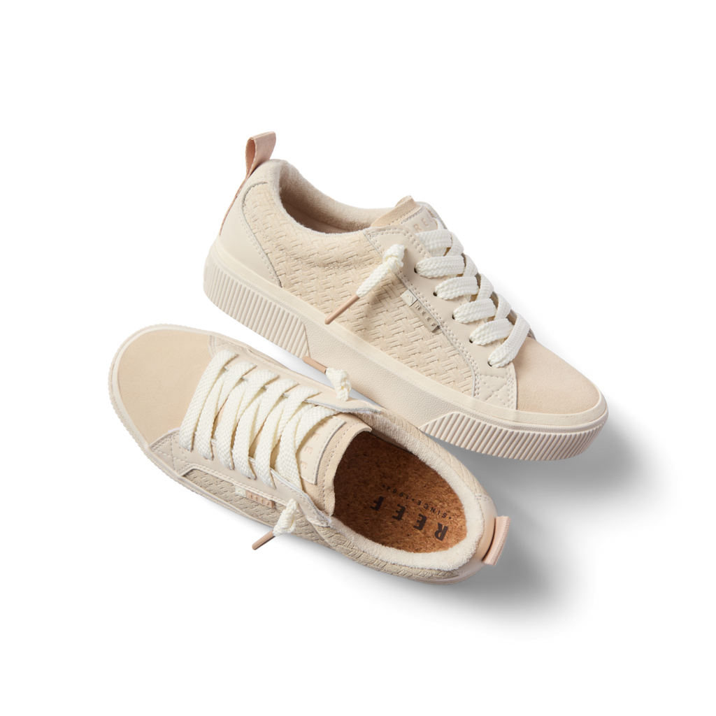 Lay Day Dawn women's beige sneakers top and side view, surf-inspired comfort with arch support and cushioning.