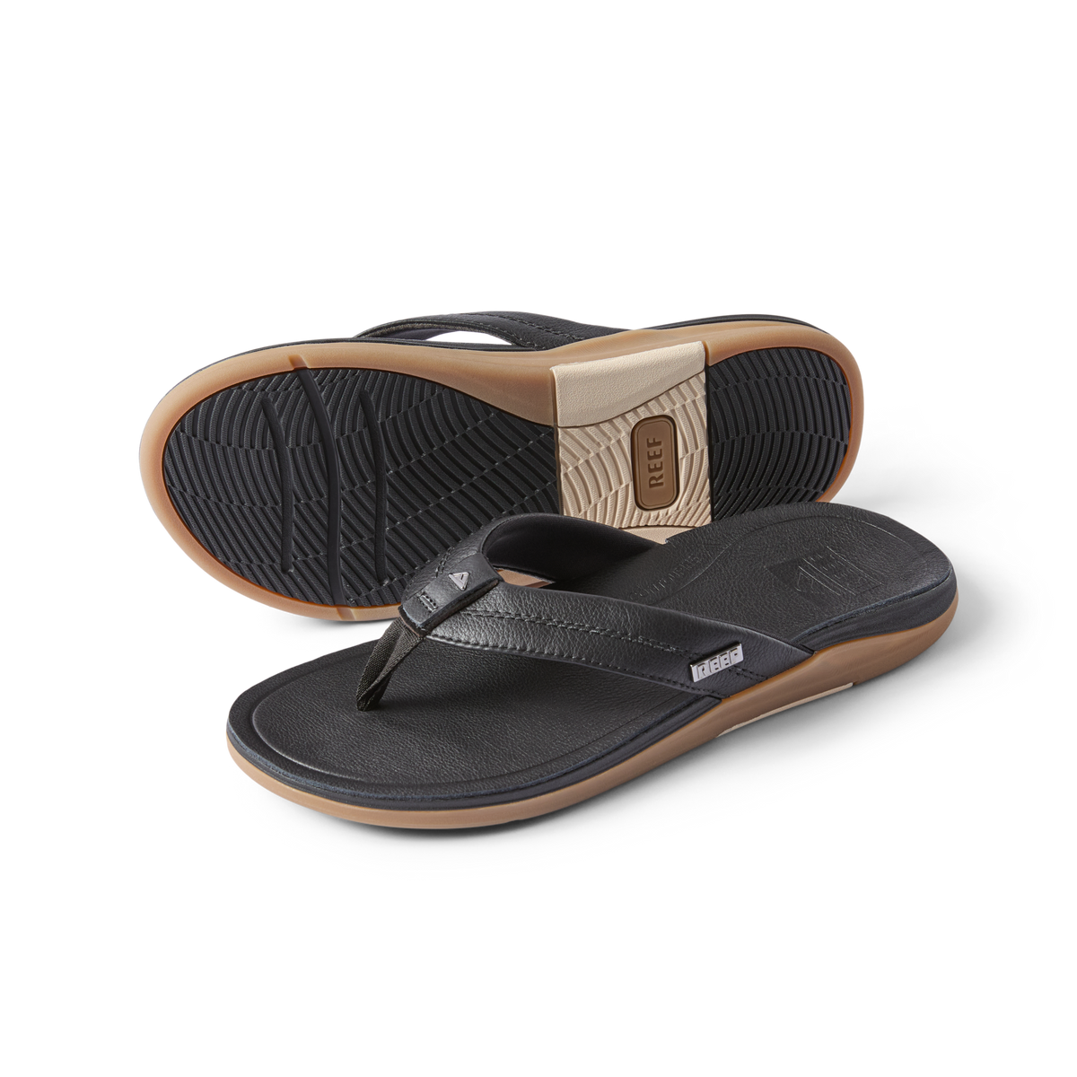 Leather Offshore men's black sandal showing top and bottom views, highlighting comfort and durable design facing right.