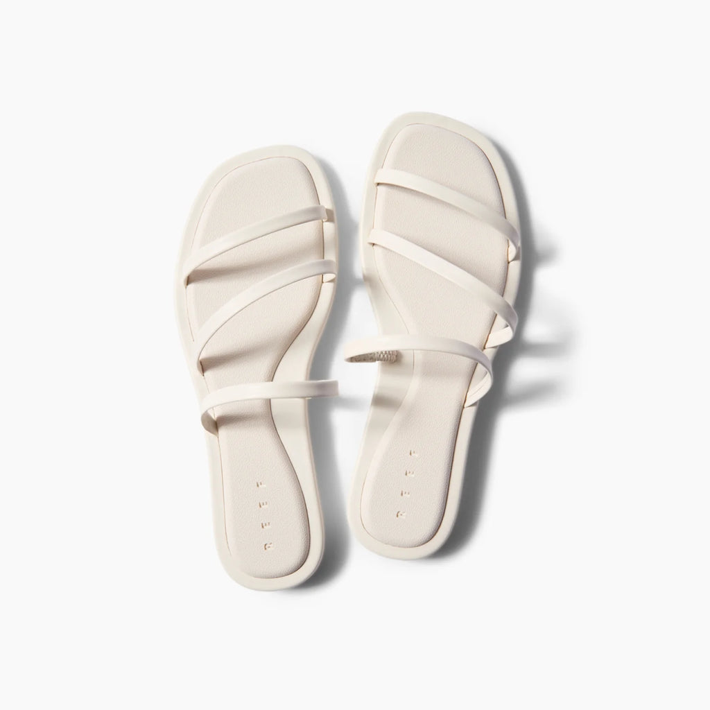 Willow Ava women's white sandals top view with multiple straps, beach-inspired design, and soft footbed comfort.