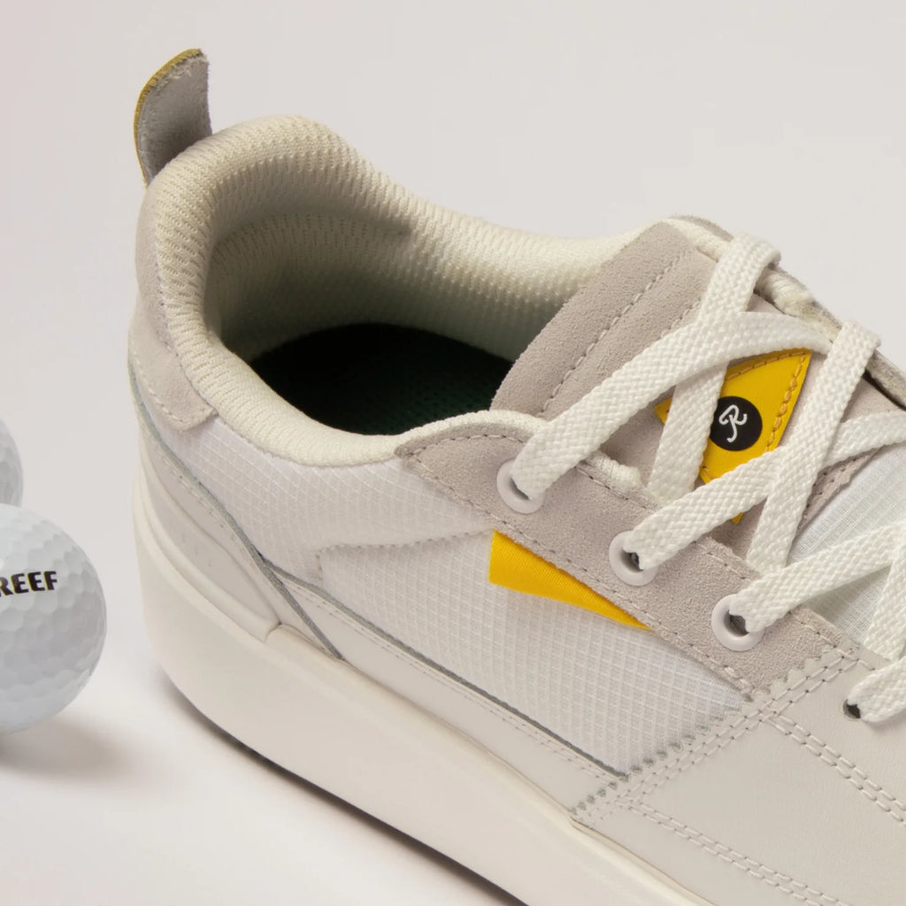Onshore Pines right-facing white sneaker close-up showing cushioned collar and sustainable water-friendly materials