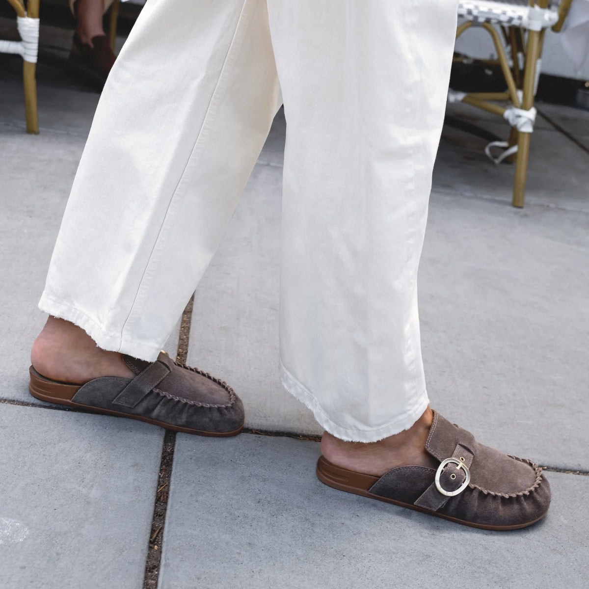 Vista Siena facing right, women's driftwood suede slip-on clog with buckle, cushioned footbed, and arch support for all-day comfort