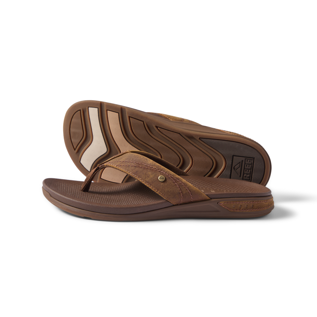 Phantom Lux men’s brown flip flops facing right, showing top and sole, beach-inspired comfort with arch support and cushioning.