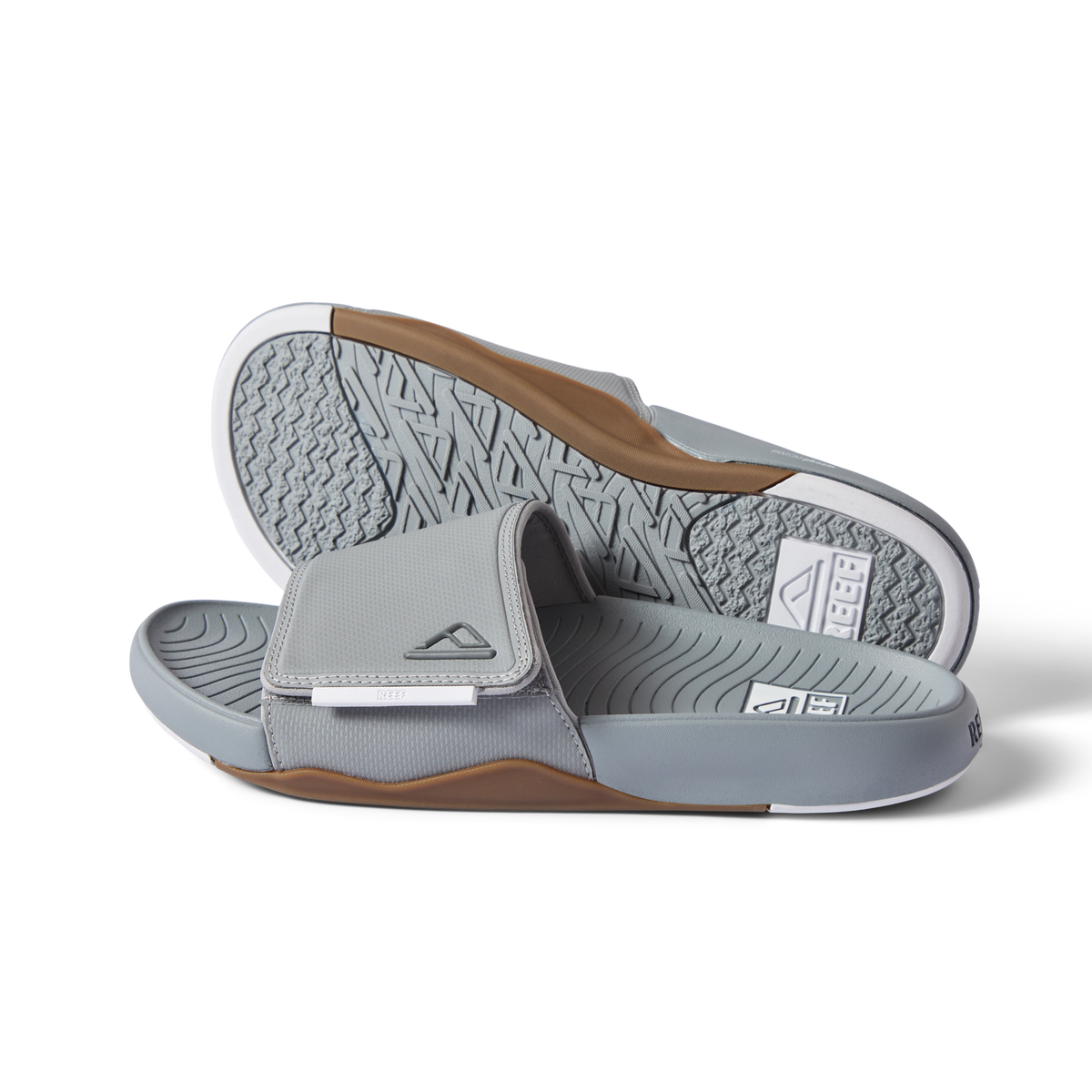 Phantom Slab men's slide sandals in grey and white, right-facing, showing top strap and sole with arch support design.
