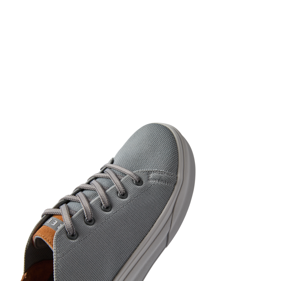 Atlantic men's grey sneaker facing right showing front and side with cushioned sole and arch support