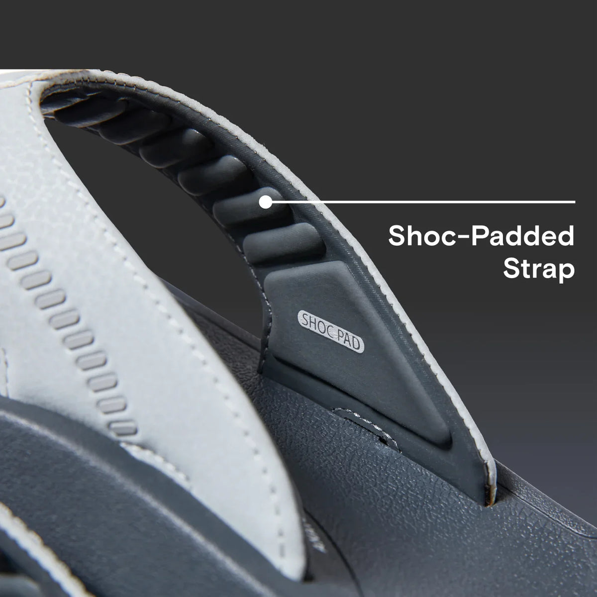 Close-up of the Cruiser sandal’s right strap facing left, highlighting the shock-padded feature for all-day comfort.