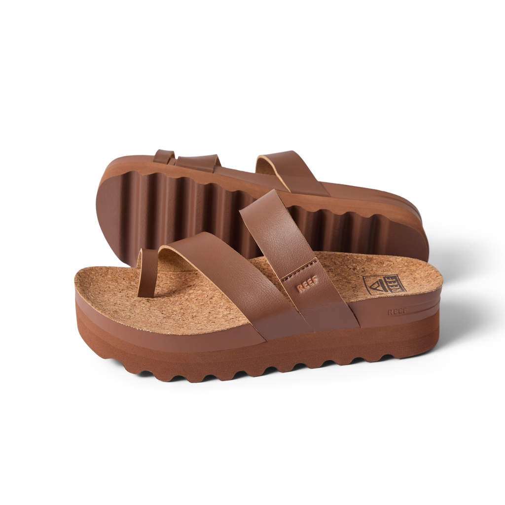 Vista Hi Layla women's sandals in brown, right angled side view showing cork footbed and soft-rebound cushioning sole