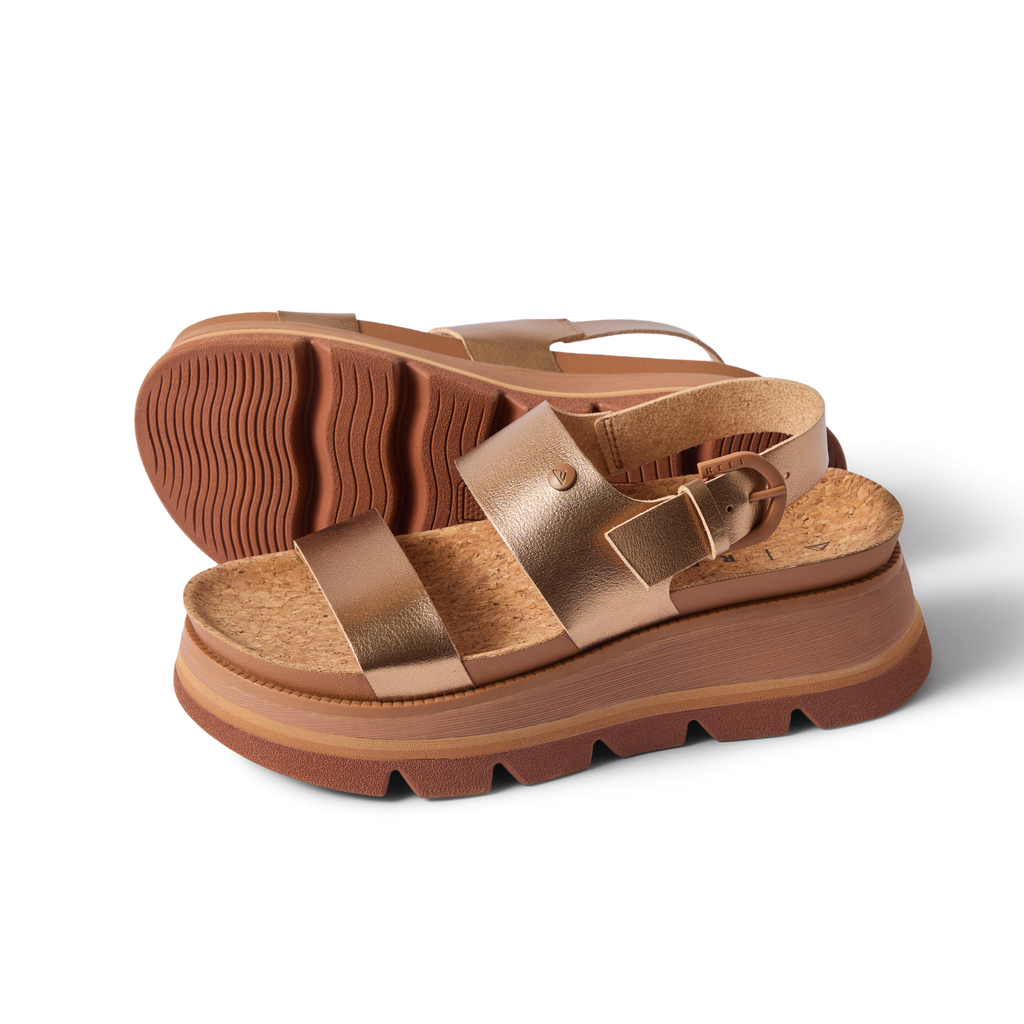 Vista Luxe Liah womens sandals in sunset bronze, side view showing cushioned platform sole and adjustable strap buckle.