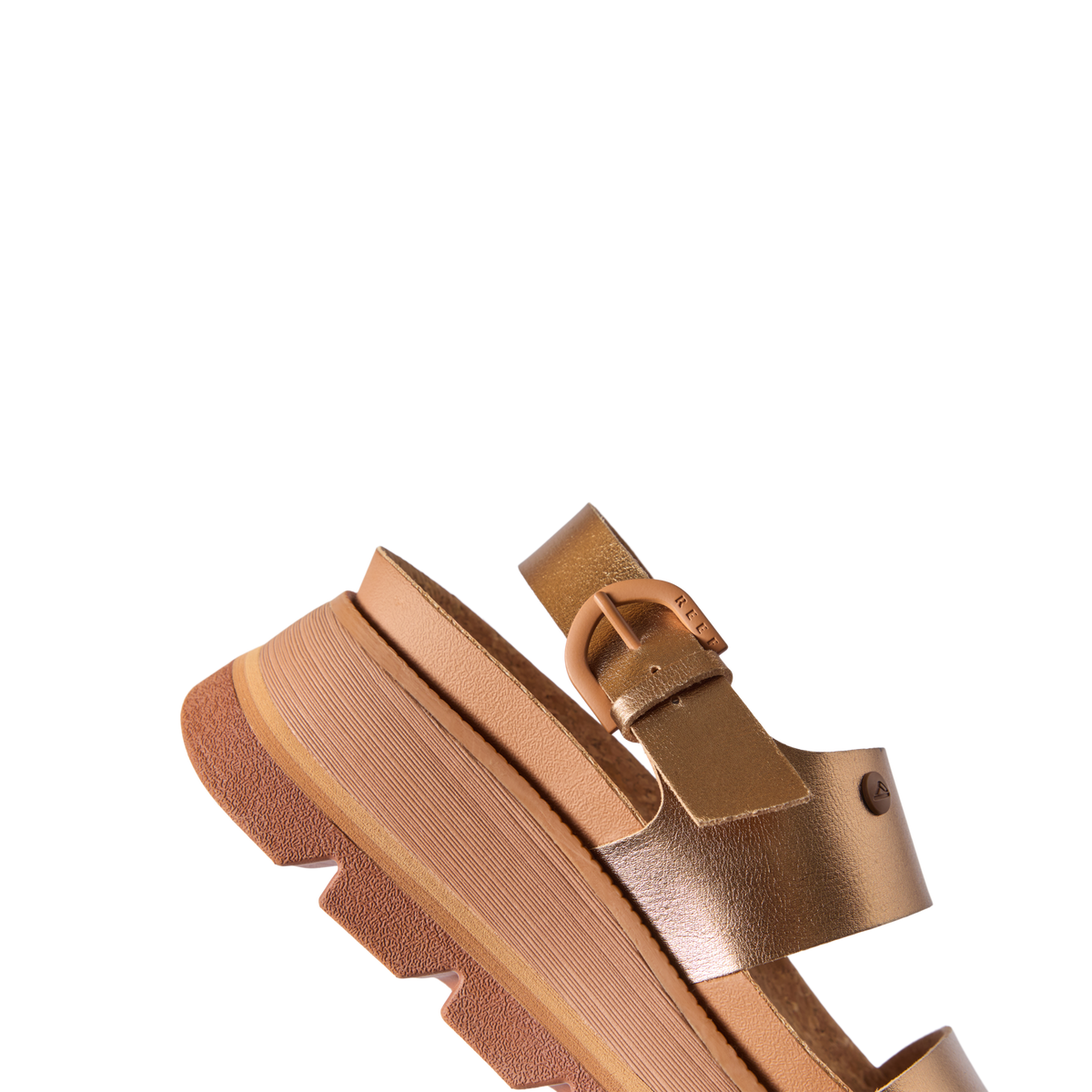 Vista Luxe Liah sandal facing right, close-up of front and ankle straps in sunset bronze, showcasing comfort and arch support.