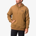 Men wearing brown Wellie Too Hoodie facing left with front pocket, surf-inspired comfort and durable fabric.