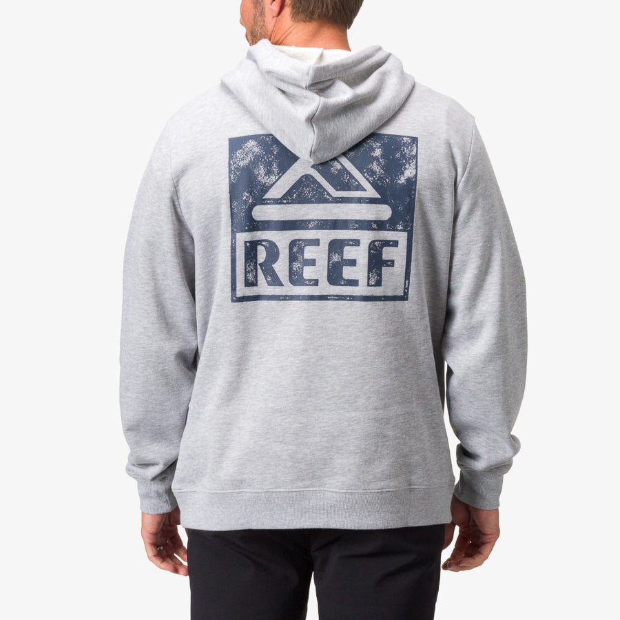 Back view of the Wellie Too Hoodie in heather grey, featuring soft fabric and a large REEF logo for beach comfort.